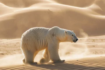 Foto op Plexiglas A polar bear walks through a hot sandy desert. concept of global warming and melting glaciers © Александр Довянский