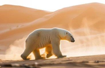 Foto op Plexiglas A polar bear walks through a hot sandy desert. concept of global warming and melting glaciers © Александр Довянский