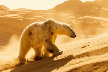 Foto op Canvas A polar bear walks through a hot sandy desert. concept of global warming and melting glaciers © Александр Довянский