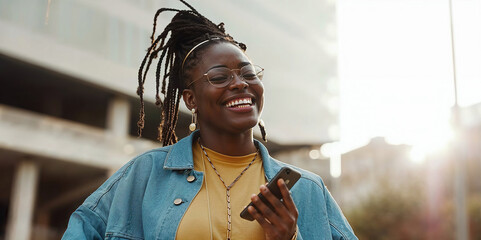 A multiethnic woman with Afro-Cuban heritage looks at her cell phone while sporting stylish dreadlocks. - obrazy, fototapety, plakaty