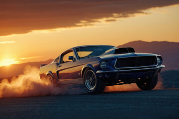 Drifting Elegance Sports Car Drifting on the Track with Dramatic Sunset - Automotive Wallpaper