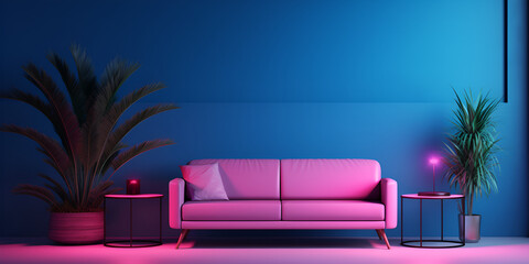 Modern neon minimalistic blue wall and pink colors sofa light palette Blue living room interior with and pillows. 3d rendering mock-up and two plant.