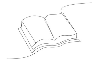 Continuous line art drawing of book. Opened book single line art drawing vector illustration template
