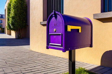 Purple wooden Mailbox in an house residential building outside. Modern numbered mailboxes box outdoors, creative design mail backgrounds. Urban correspondence concept. Copy ad text space. Generated Ai