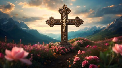 Cross on Mountain, Vibrant Field of Flowers, Image Symbolizing Serenity, Hope, and Spiritual Awakening, Encapsulating Resilience, Renewal, and Christianity, faith, religious, Holy Week concept
