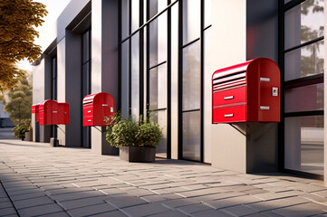 Red wooden Mailbox in an house residential building outside. Modern numbered mailboxes box outdoors, creative design mail backgrounds. Urban correspondence concept. Copy ad text space. Generated Ai