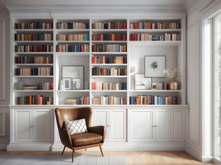 Fototapeta na wymiar Cozy Reading Nook: White Wooden Bookcase Brimming with Books in UK Home Setting. generative AI