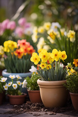 Spring flowers in pots. Happy Easter background. Seedlings and gardening