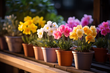 Naklejka na ściany i meble Spring flowers in pots. Happy Easter background. Seedlings and gardening
