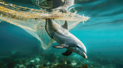 a dolphin gets entangled in a fishing net underwater. ocean pollution concept