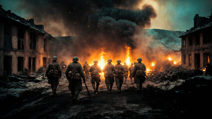 A battlefield scene with a troop of soldiers marching among the flames explosions in the wreck. Black smoke rising above the fire in the debris at night during war. Generative AI illustration.