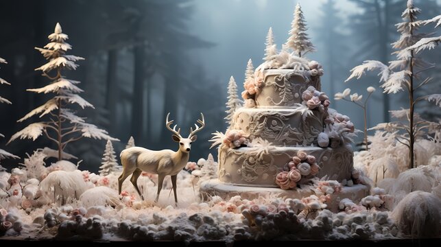 A breathtaking image of a Christmas cake inspired by a winter forest, with lifelike edible pine trees, graceful deer figurines, and a dusting of edible snow, capturing the enchanting beauty