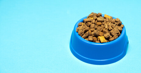 Dry pet food in a blue bowl on a blue background. A complete diet for cats and dogs.