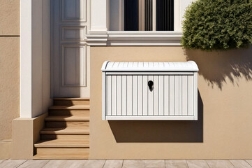 White wooden Mailbox in an house residential building outside. Modern numbered mailboxes box outdoors, creative design mail backgrounds. Urban correspondence concept. Copy ad text space. Generated Ai