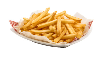 plate of golden french fries on plate with napkin cut out on transparent background