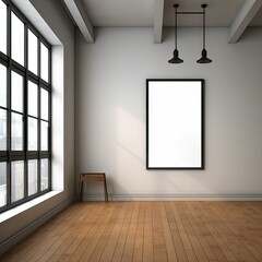 AI generated illustration of an interior of a room with a large empty frame on one wall