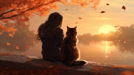 Against a backdrop of falling leaves, a young woman and her cat share a moment of tranquility, their connection echoing the beauty of the changing seasons. - obrazy, fototapety, plakaty