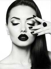 Black and White Brunette Girl Portrait. Trendy Caviar Manicure