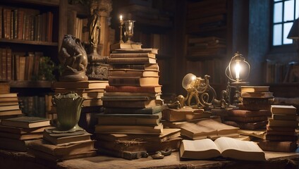 A stock of books on the table at night.