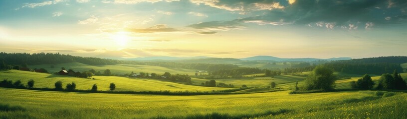 Obraz premium Beautiful landscape of a green field with lush trees illuminated by golden sunlight.