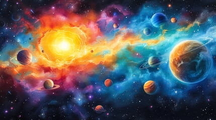Obraz na płótnie Canvas Artistic representation of a vibrant cosmic galaxy with a diverse array of planets orbiting a luminous central sun amidst a star-studded nebula