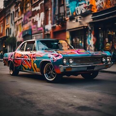 AI generated illustration of a vibrant car with colorful graffiti designs parked on the street