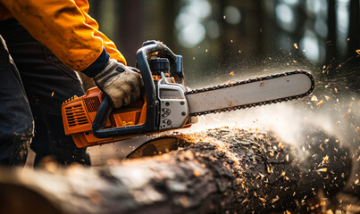 Skilled lumberjack using a chainsaw to cut a log, sawdust flying around as the powerful tool slices through the wood in a forested area - obrazy, fototapety, plakaty