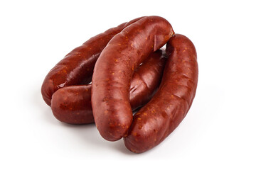 Smoked pork sausages, isolated on white background.