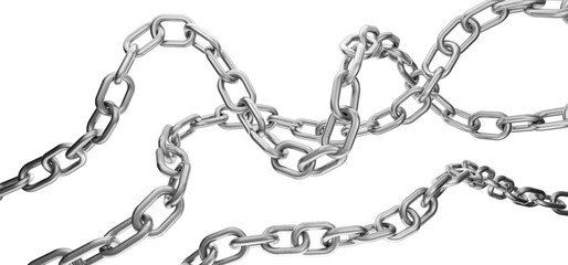 Metal chain in wave. Metal chain blank for your design. Several metal chains of different sizes. 3D render. Metal chain on a transparent, white background.