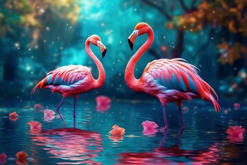 AI generated image of pink flamingos standing in a tranquil lake