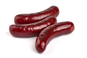 Grilled pork sausages, Oktoberfest dishes, isolated on white background.