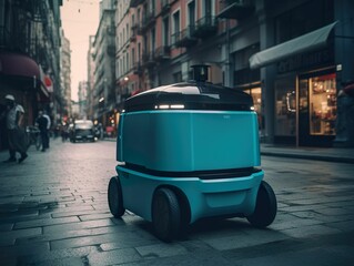 Fototapeta na wymiar AI generated illustration of a robotic vehicle navigating a city street
