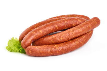 Smoked sausages, isolated on white background. High resolution image.