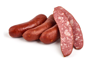 Smoked pork sausages, isolated on white background.