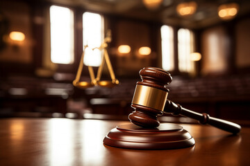 Wooden gavel on a desk in a courtroom. Announcement of the judge verdict and lawful decision
