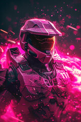 master  chief  helmet  with golden coating on the helmet  in pink and purple color in realistic background 