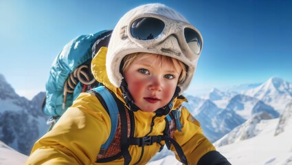 Fototapeta na wymiar AI generated illustration of a young child wearing snow goggles ascends a snowy mountain