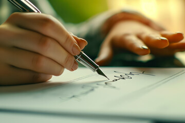 Naklejka premium Woman signing document, focus on female hand holding pen, putting signature at official paper.