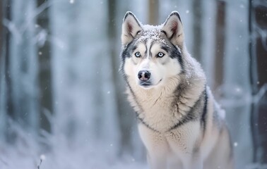 Fototapeta premium AI generated Siberian Husky in snow covered forest