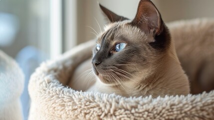 Poised Siamese cat with striking blue eyes. AI generated.