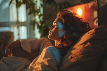 Obraz premium Woman relaxing at home in evening and watching TV.