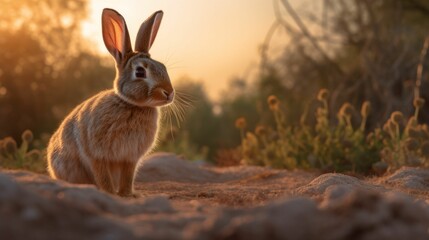 Obraz premium AI generated illustration of an adorable brown rabbit on a sunny field