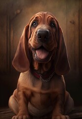 AI generated illustration of an energetic bloodhound sitting on a rustic wooden floor - obrazy, fototapety, plakaty