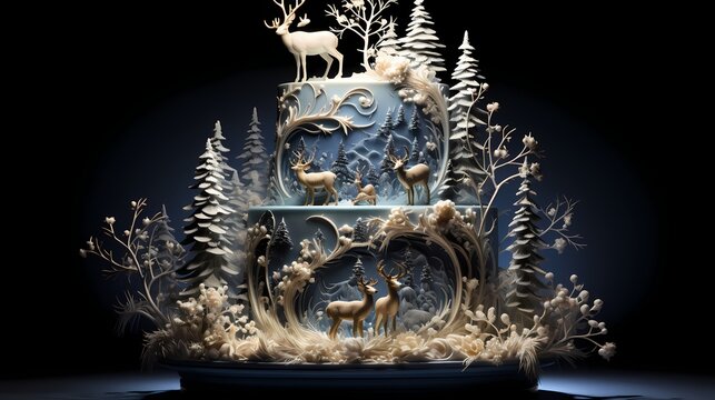 A breathtaking image of a Christmas cake inspired by a winter forest, with lifelike edible pine trees, graceful deer figurines, and a dusting of edible snow, capturing the enchanting beauty