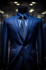 A men shirt in the form of dark blue suits on a mannequin.