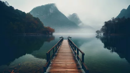Foto op Canvas AI generated illustration of an empty wooden pier extending into water with mountains on the horizon © Wirestock