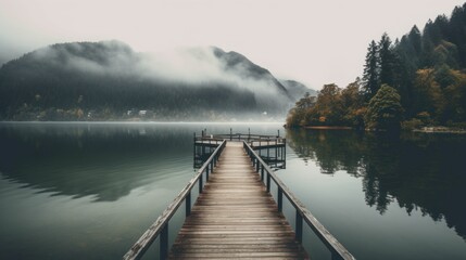 Fototapeta premium AI generated illustration of an empty wooden pier extending into water with mountains on the horizon