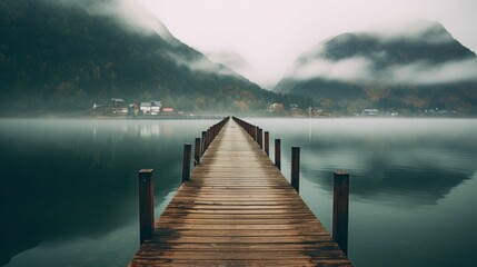Obraz premium AI generated illustration of an empty wooden pier extending into water with mountains on the horizon