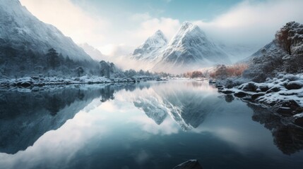 AI generated illustration of a tranquil lake reflecting a majestic snow-capped mountain