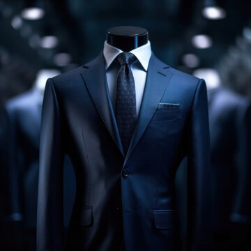 A men shirt in the form of dark blue suits on a mannequin.